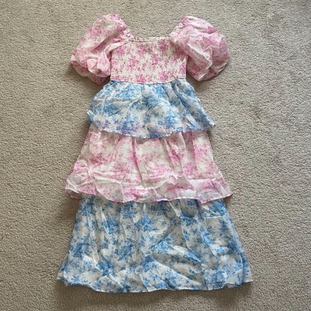 Pink and blue floral midi dress